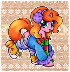 Size: 2560x2632 | Tagged: safe, artist:dariarchangel, derpibooru import, oc, oc only, oc:dazha, pony, unicorn, :d, adorable face, bipedal, blue eyes, boots, clothes, cute, cute face, cute smile, earmuffs, female, female oc, fur, heart, hoof shoes, horn, jacket, long scarf, long socks, looking at you, mare, ocbetes, open mouth, open smile, orange hair, orange mane, orange tail, outline, passepartout, patterned background, pink coat, pony oc, raised hoof, raised leg, scarf, shoes, small horn, smiling, smiling at you, snow, snowflake, socks, solo, striped scarf, striped socks, tail, tied tail, traditional art, unicorn oc, white outline, winter clothes, winter coat, winter outfit