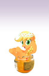 Size: 1611x2469 | Tagged: safe, artist:gashiboka, derpibooru import, applejack, earth pony, pony, g4, alternate hairstyle, apple jam, cute, female, floral head wreath, flower, food, gradient background, jam, lock screen, lockscreen, looking at you, mare, simple background, sitting, solo, underhoof, white background