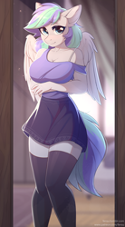 Size: 2768x5017 | Tagged: safe, artist:fensu-san, derpibooru import, oc, oc only, oc:storm feather, anthro, pegasus, adorasexy, arm under breasts, big breasts, blushing, bra, bra strap, breasts, cleavage, clothes, commission, crepuscular rays, curvy, cute, digital art, ear fluff, ears, eyebrows, eyebrows visible through hair, female, legs, looking at you, mare, miniskirt, mirror, moe, ocbetes, off shoulder, partially open wings, pegasus oc, reflection, rule 63, sexy, shirt, signature, skirt, smiling, smiling at you, socks, solo, stockings, tail, thigh highs, thighs, underwear, wings, zettai ryouiki