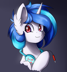 Size: 2893x3092 | Tagged: safe, artist:natanvok, derpibooru import, dj pon-3, vinyl scratch, pony, unicorn, g4, bust, cute, ear fluff, ears, female, gradient background, headphone jack, headphones, horn, looking at you, mare, missing accessory, portrait, simple background, smiling, smiling at you, solo, vinylbetes