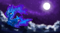 Size: 5210x2880 | Tagged: safe, artist:natanvok, derpibooru import, princess luna, alicorn, pony, g4, cloud, constellation, constellation hair, ethereal mane, ethereal tail, female, full moon, galaxy mane, horn, looking back, looking up, mare, missing accessory, missing cutie mark, moon, night, night sky, on a cloud, outdoors, sky, solo, starry tail, stars, tail, windswept mane, wingless