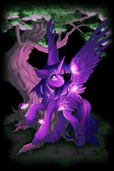 Size: 3000x4500 | Tagged: safe, artist:natanvok, derpibooru import, twilight sparkle, twilight sparkle (alicorn), alicorn, butterfly, pony, g4, absurd resolution, chest fluff, ear fluff, ears, feather, high res, hoof fluff, horn, large wings, raised hoof, raised leg, solo, spread wings, standing, tree, wings