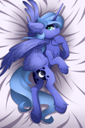 Size: 3000x4500 | Tagged: safe, artist:natanvok, derpibooru import, princess luna, alicorn, pony, g4, body pillow, body pillow design, chest fluff, ear fluff, ears, featureless crotch, female, hoof fluff, horn, indoors, leg fluff, lying down, mare, missing accessory, on side, partially open wings, s1 luna, solo, tail, underhoof, wings