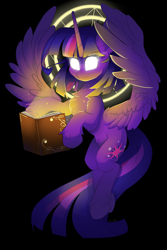 Size: 3000x4500 | Tagged: safe, artist:natanvok, derpibooru import, twilight sparkle, twilight sparkle (alicorn), alicorn, pony, g4, black background, book, chest fluff, ear fluff, ears, female, glowing, glowing eyes, hoof fluff, horn, magic, magic circle, mare, reading, simple background, solo, spread wings, tail, wings