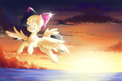 Size: 6000x4000 | Tagged: safe, artist:natanvok, derpibooru import, songbird serenade, pegasus, pony, g4, my little pony: the movie, absurd resolution, bow, female, flying, grin, hair bow, hoof fluff, mare, outdoors, sky, smiling, solo, spread wings, unshorn fetlocks, water, wings