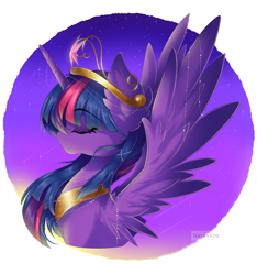 Size: 5615x6000 | Tagged: safe, artist:natanvok, derpibooru import, twilight sparkle, twilight sparkle (alicorn), alicorn, pony, g4, bust, crown, element of magic, eyebrows, eyebrows visible through hair, eyes closed, horn, jewelry, peytral, portrait, profile, regalia, solo, spread wings, stars, wings