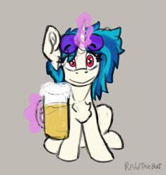 Size: 745x785 | Tagged: safe, artist:reddthebat, derpibooru import, dj pon-3, vinyl scratch, alicorn, pony, g4, alcohol, beer, chest fluff, female, glasses, glasses on head, glowing, glowing horn, gray background, horn, levitation, looking at you, magic, mare, mug, signature, simple background, smiling, smiling at you, solo, sunglasses, telekinesis, wrong eye color