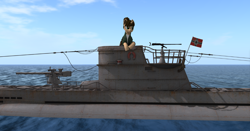 Size: 1460x763 | Tagged: artist needed, safe, derpibooru import, pony, unicorn, 3d, balkenkreuz, boat, censored swastika, clothes, female, flag, german, gun, horn, kriegsmarine, machine gun, mare, military, navy, ocean, outdoors, second life, sitting, sky, submarine, u-boat, vehicle, water, weapon, world war ii