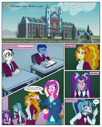 Size: 1600x2000 | Tagged: safe, artist:drake-rex, derpibooru import, adagio dazzle, aria blaze, sonata dusk, oc, oc:malicore, equestria girls, g4, clothes, comic, commission, crystal prep academy, crystal prep academy uniform, crystal prep shadowbolts, indoors, school uniform, shadowbolts