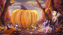 Size: 4096x2304 | Tagged: safe, artist:astrumaura, derpibooru import, applejack, fluttershy, pinkie pie, rainbow dash, rarity, twilight sparkle, unicorn twilight, earth pony, pegasus, pony, unicorn, g4, applebutt, autumn, butt, clearing, falling leaves, female, flutterbutt, flying, forest, giant food, halloween, halloween 2024, high res, holiday, horn, leaves, mane six, mare, nature, open mouth, open smile, outdoors, plot, pumpkin, rearity, signature, smiling, tree, twibutt, wallpaper, waving