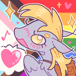 Size: 1174x1174 | Tagged: safe, artist:onionpwder, derpibooru import, derpy hooves, pegasus, pony, g4, bag, beanbrows, blonde, blonde mane, blush lines, blushing, bust, chest fluff, colored eyebrows, dialogue, ear blush, ear tufts, eyebrows, eyelashes, female, flag background, floating heart, golden eyes, gray coat, heart, icon, mare, music notes, no pupils, one wing out, open mouth, open smile, outline, pride, pride background, pride flag, profile, profile picture, progressive pride flag, satchel, shiny mane, smiling, solo, sparkles, speech bubble, spoken heart, striped background, wings