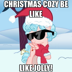 Size: 400x400 | Tagged: artist needed, safe, derpibooru import, edit, cozy glow, pegasus, pony, g4, caption, christmas, clothes, costume, female, filly, foal, golly, hat, holiday, impact font, meme, outdoors, santa costume, santa hat, sky, snow, solo, sunglasses, swag, text, tree, vector, vector edit