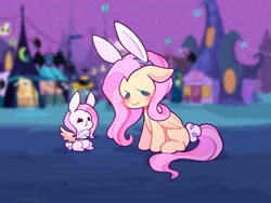 Size: 2662x2001 | Tagged: safe, artist:radiant_toast, derpibooru import, angel bunny, fluttershy, pegasus, pony, rabbit, g4, angel bunny is not amused, animal, animal costume, blurry background, blushing, bunny costume, bunny ears, bunny tail, bunnyshy, clothes, costume, crossed arms, duo, duo male and female, ears, fake wings, female, floppy ears, high res, male, mare, missing cutie mark, nightmare night, outdoors, pony costume, ponyville, sitting, smiling, tail, unamused, wig