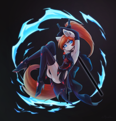 Size: 1880x1960 | Tagged: safe, artist:myurka, artist:myurkamyu, derpibooru import, oc, oc only, anthro, earth pony, action pose, black dress, choker, clothes, dress, evening gloves, female, gloves, long gloves, magic, red hair, socks, solo, thigh highs, weapon