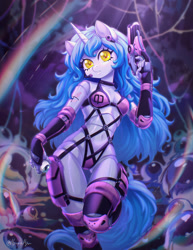 Size: 1686x2185 | Tagged: safe, artist:myurka, artist:myurkamyu, derpibooru import, oc, oc only, oc:fvk, anthro, robot, unicorn, eyeball, female, gun, gynoid, handgun, horn, not izzy moonbow, pistol, solo, unicorn oc, weapon