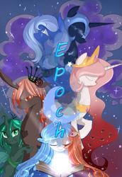 Size: 515x750 | Tagged: safe, artist:阿狼与甜食, derpibooru import, edit, editor:klonray, nightmare moon, princess celestia, princess luna, queen chrysalis, oc, alicorn, changeling, changeling queen, pony, comic:epoch(eng), g4, book, comic, comic cover, cover, cover art, crown, ethereal mane, eyes closed, female, helmet, horn, jewelry, looking up, mare, mlp fim's fourteenth anniversary, night, peytral, pink-mane celestia, regalia, smiling, stars, translator:shaddar, translator:wing regent