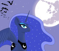 Size: 1000x851 | Tagged: safe, artist:count oxymagomedov sear, derpibooru exclusive, derpibooru import, princess luna, alicorn, bat, pony, g4, ethereal mane, halloween, holiday, looking at you, mlp fim's fourteenth anniversary, moon, outdoors, solo