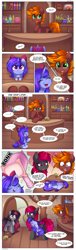 Size: 4575x15000 | Tagged: safe, artist:madelinne, derpibooru import, oc, oc only, oc:darklight, oc:madelinne, oc:neon shift, oc:qular, bat pony, earth pony, pony, unicorn, bat pony oc, bat wings, book, bookshelf, comic, dialogue, earth pony oc, female, flattened, food, hammer, horn, indoors, male, mare, potion, stallion, strawberry, wings