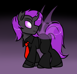 Size: 1000x950 | Tagged: safe, artist:paperbagpony, derpibooru import, oc, oc only, oc:tlas ii, changeling, clothes, gradient background, necktie, pants, purple changeling, shirt, solo