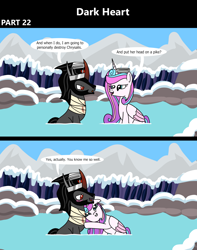 Size: 1920x2432 | Tagged: safe, artist:platinumdrop, derpibooru import, king sombra, princess flurry heart, alicorn, pony, unicorn, comic:dark heart, g4, 2 panel comic, alternate timeline, bandage, blood, blushing, comic, commission, crown, crystal, crystal empire, cuddling, dark crystal, dialogue, evil flurry heart, female, flirting, folded wings, horn, hot springs, husband and wife, injured, jewelry, looking at each other, looking at someone, male, mare, married couple, mountain, mountain range, older, older flurry heart, onsen, open mouth, open smile, outdoors, regalia, rock, ship:flurrybra, shipping, sitting, smiling, smiling at someone, snow, snuggling, speech bubble, stallion, straight, towel, victorious villain, wings