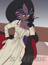 Size: 3728x5000 | Tagged: safe, artist:shade stride, derpibooru import, oc, oc only, oc:adair affair, anthro, bat pony, bat pony oc, choker, clothes, costume, dress, gloves, halloween, halloween costume, hat, lady dimitrescu, sitting, sofa, solo, watermark