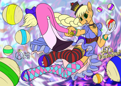 Size: 1500x1065 | Tagged: safe, artist:sepiakeys, derpibooru import, applejack, anthro, bird, flamingo, unguligrade anthro, g4, alice in wonderland, bloomers, clothes, croquet, dress, fishnet clothing, fishnet stockings, garter belt, socks, solo, stockings, striped socks, thigh highs