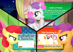 Size: 3500x2500 | Tagged: safe, artist:leonkay, derpibooru import, apple bloom, scootaloo, sweetie belle, earth pony, pegasus, pony, unicorn, g4, computer, curtains, cutie mark crusaders, female, filly, foal, giggling, horn, implied diamondbloom, meme, night, scootachicken, scootaloo is not amused, scrunchy face, split screen, three sides, unamused, window