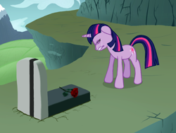 Size: 1024x768 | Tagged: artist needed, source needed, safe, derpibooru import, twilight sparkle, unicorn twilight, pony, unicorn, g4, crying, ears, floppy ears, gravestone, outdoors, prpg, sad