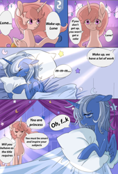 Size: 1000x1471 | Tagged: safe, artist:阿狼与甜食, derpibooru import, edit, editor:klonray, princess celestia, princess luna, alicorn, pony, comic:epoch(eng), g4, bed, blanket, comic, duo, duo female, ears, eye clipping through hair, eyes closed, female, floppy ears, folded wings, hoof hold, indoors, mlp fim's fourteenth anniversary, open mouth, pillow, pink-mane celestia, sleeping, spread wings, translation, translator:shaddar, translator:wing regent, wings, young celestia, young luna