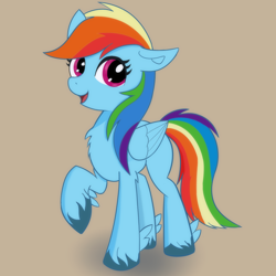 Size: 1584x1584 | Tagged: safe, artist:psfmer, derpibooru import, rainbow dash, pegasus, pony, g4, chest fluff, female, folded wings, mare, open mouth, open smile, raised hoof, raised leg, smiling, solo, tail, unshorn fetlocks, wings