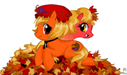 Size: 900x533 | Tagged: safe, artist:royal-guard-lover, derpibooru import, earth pony, pony, autumn, colored lineart, cute, duo, female, leaf, leaf pile, leaves, maple leaf, mare, minoriko aki, ponified, shizuha aki, siblings, simple background, sisters, species swap, touhou, white background