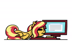 Size: 1800x1350 | Tagged: safe, artist:flutterluv, derpibooru import, sunset shimmer, pony, unicorn, g4, computer, eyes closed, horn, keyboard, lying down, ponified animal video, prone, simple background, solo, wavy mouth, white background, writer's block