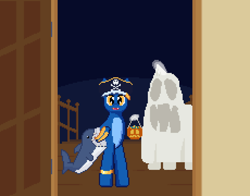 Size: 1380x1080 | Tagged: safe, artist:nitobit, derpibooru import, oc, oc:moonlight wane, bat pony, ghost, undead, unicorn, clothes, costume, digital art, door, halloween, hat, holiday, horn, mlp fim's fourteenth anniversary, pirate, pirate hat, pixel art, plushie, shark plushie, trick or treat