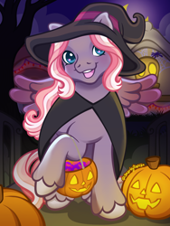 Size: 1800x2400 | Tagged: safe, artist:sparkytopia, derpibooru import, starsong, pegasus, pony, g3, blue eyes, cape, clothes, colored wings, costume, gradient wings, halloween, halloween costume, hat, heart, heart eyes, holiday, jack-o-lantern, looking at you, open mouth, open smile, pink mane, pumpkin, purple coat, signature, smiling, solo, trick or treat, unshorn fetlocks, wingding eyes, wings, witch costume, witch hat