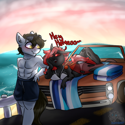 Size: 1280x1280 | Tagged: safe, artist:fluffyghost, derpibooru import, oc, oc:linix, oc:wrench, anthro, changeling, earth pony, car, female, male, mare, outdoors, red changeling, stallion