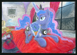 Size: 2000x1423 | Tagged: safe, derpibooru import, princess luna, alicorn, pony, g4, bed, bouquet, flower, indoors, solo, traditional art, window