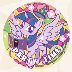 Size: 541x541 | Tagged: safe, derpibooru import, twilight sparkle, twilight sparkle (alicorn), alicorn, pony, g4, badge, book, female, friendship journal, hat, kayou, mare, merchandise, official, party hat, spread wings, wings, wrong neighborhood