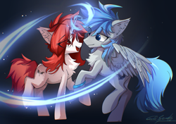 Size: 3421x2408 | Tagged: safe, artist:gale spark, derpibooru import, oc, oc:leaf blade, oc:shadow bright, pegasus, undead, unicorn, vampire, female, horn, male, mare, stallion, wings