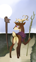 Size: 965x1667 | Tagged: safe, artist:gashiboka, derpibooru import, oc, oc only, deer, pony, butt, clothes, everfree tarot, minor arcana, outdoors, plot, scarf, sign, solo, staff, tarot, tarot card, two of batons, two of clubs, two of wands