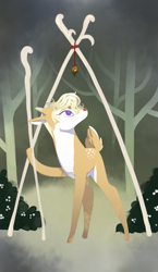 Size: 965x1667 | Tagged: safe, artist:gashiboka, derpibooru import, oc, oc only, deer, pony, everfree tarot, forest, minor arcana, nature, outdoors, solo, staff, tarot, tarot card, three of batons, three of clubs, three of wands, tree