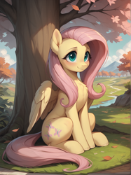 Size: 1496x2000 | Tagged: safe, ai content, derpibooru import, generator:pony diffusion v6 xl, generator:stable diffusion, machine learning generated, fluttershy, pegasus, pony, g4, chest fluff, cute, field, grass, outdoors, prompter:lager ai, river, shyabetes, sitting, smiling, solo, tree, water