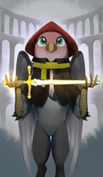 Size: 965x1667 | Tagged: safe, artist:gashiboka, derpibooru import, griffon, everfree tarot, hat, jack of spades, minor arcana, page of swords, sword, tarot, tarot card, weapon