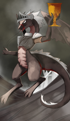 Size: 965x1667 | Tagged: safe, artist:gashiboka, derpibooru import, dragon, armor, barely pony related, cloud, cup, everfree tarot, knight of cups, knight of hearts, minor arcana, solo, tarot, tarot card