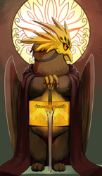 Size: 965x1667 | Tagged: safe, artist:gashiboka, derpibooru import, griffon, cloak, clothes, everfree tarot, gold, king of spades, king of swords, male, minor arcana, solo, sword, tarot card, weapon