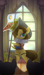 Size: 965x1667 | Tagged: safe, artist:gashiboka, derpibooru import, chancellor puddinghead, earth pony, pony, g4, banner, everfree tarot, hat, indoors, major arcana, ruff (clothing), solo focus, tarot, tarot card, the hierophant