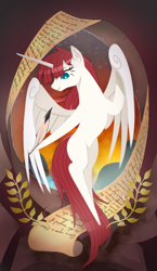 Size: 965x1667 | Tagged: safe, artist:gashiboka, derpibooru import, oc, oc only, oc:fausticorn, alicorn, pony, friendship is magic, g4, alicorn oc, belly, concave belly, english, everfree tarot, female, hoof hold, horn, long horn, major arcana, mare, missing cutie mark, quill, script, scroll, solo, stylized, tarot, tarot card, the world, wings