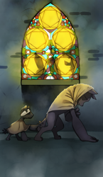 Size: 965x1667 | Tagged: safe, artist:gashiboka, derpibooru import, diamond dog, coin, everfree tarot, five of coins, five of diamonds, minor arcana, stained glass, tarot card