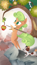 Size: 965x1667 | Tagged: safe, artist:gashiboka, derpibooru import, oc, oc only, dog, earth pony, pony, apple, everfree tarot, food, major arcana, outdoors, tarot, tarot card, the fool, walking stick