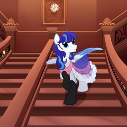 Size: 3000x3000 | Tagged: safe, artist:nika-rain, derpibooru import, oc, oc:snowflake flower, pegasus, pony, g4, 20th century, blue eyes, blue mane, clock, clothes, commission, dress, indoors, show accurate, solo, staircase, titanic, vector