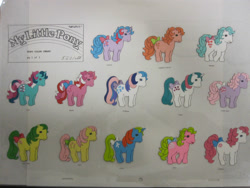 Size: 1600x1200 | Tagged: safe, derpibooru import, buttons (g1), cherries jubilee, cupcake (g1), fizzy, galaxy (g1), gingerbread, gusty, lickety-split, magic star, posey, ribbon (g1), shady, sundance, earth pony, pony, unicorn, g1, bow, female, horn, mare, my little pony logo, official, reference sheet, tail, tail bow, traditional art